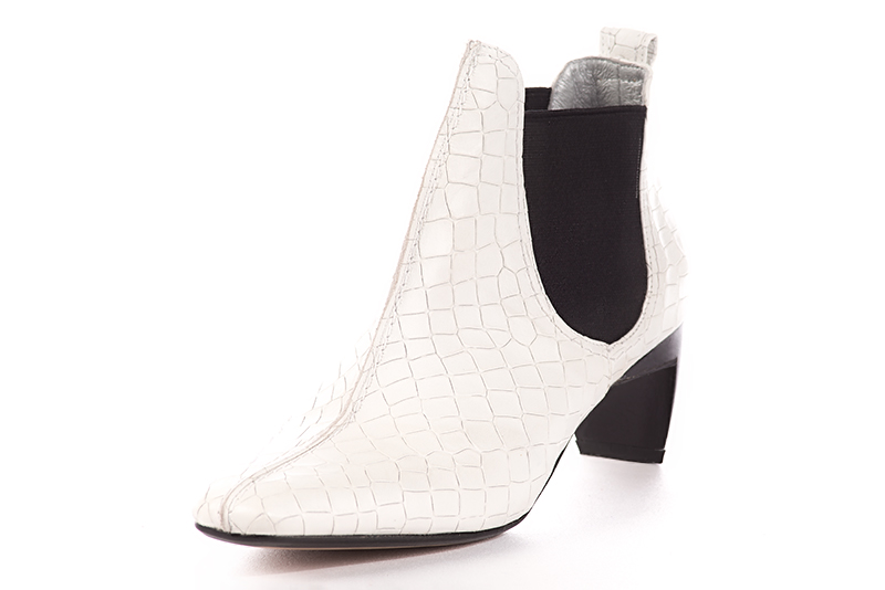 Women's off white and matt black elegant Chelsea ankle boots, with side elastics. Square toe. Medium comma heels - Front view